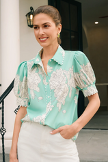 Womens Green Puff Sleeve Button Down Shirts | CicyBell
