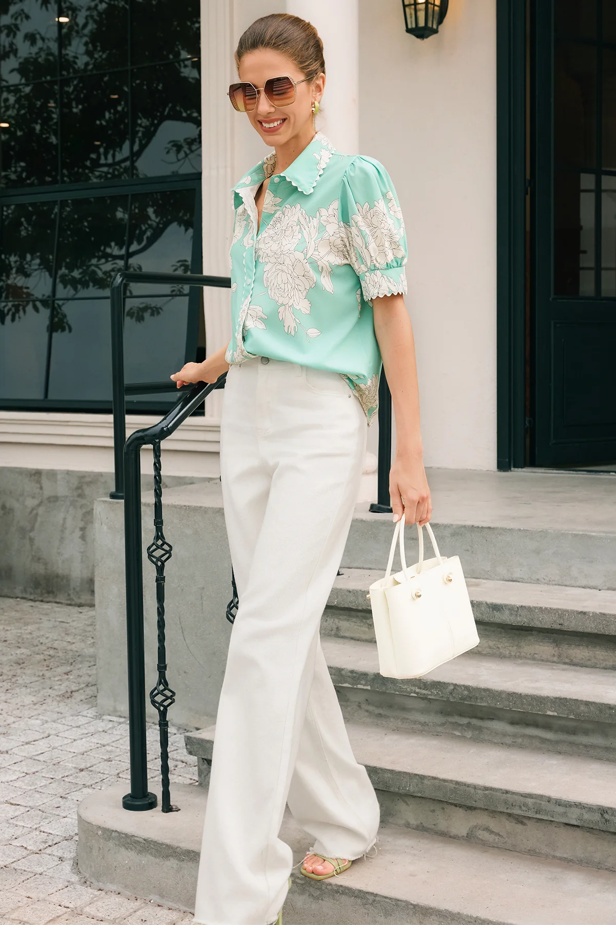 Womens Green Puff Sleeve Button Down Shirts | CicyBell