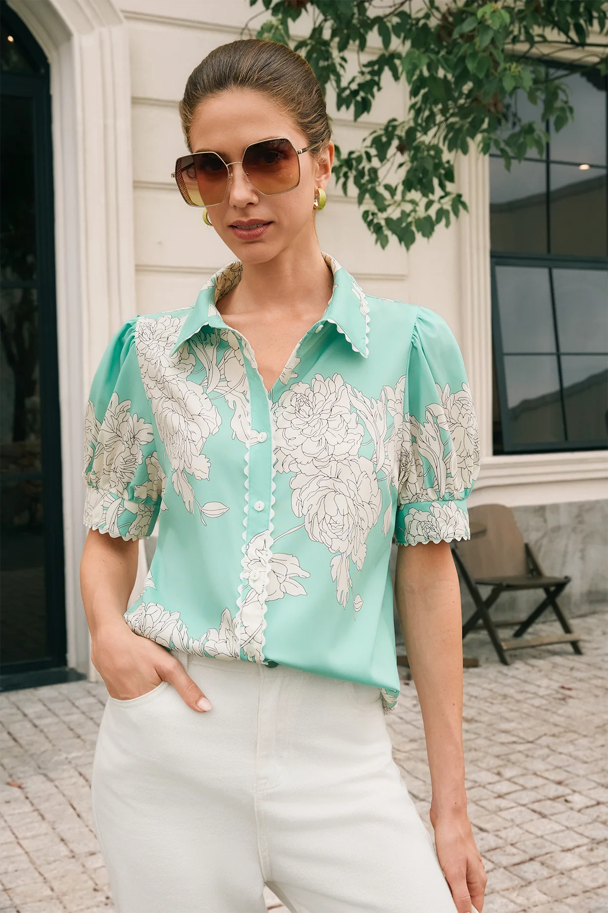 Womens Green Puff Sleeve Button Down Shirts | CicyBell