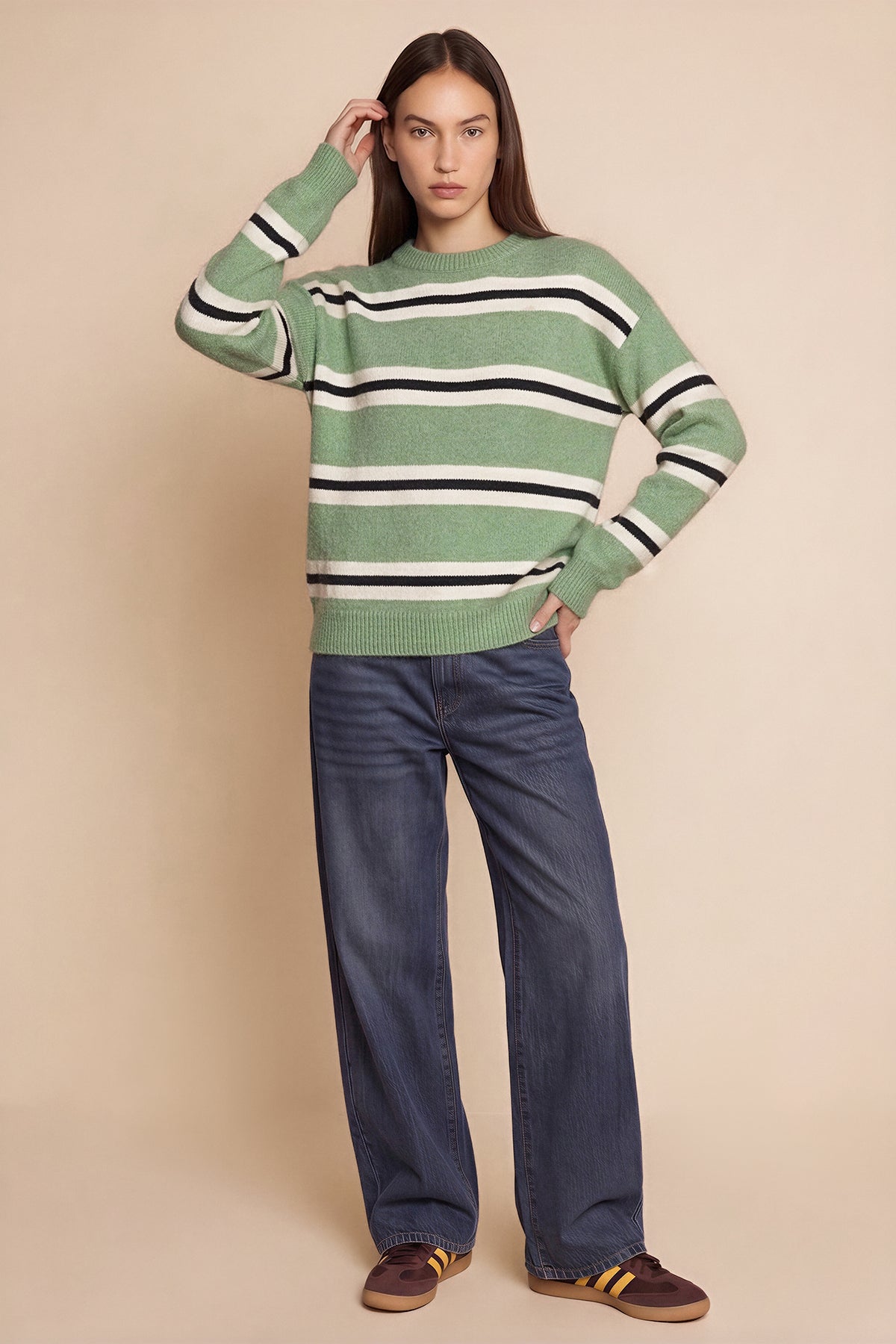 Womens Green Striped Pullover Sweater | CicyBell