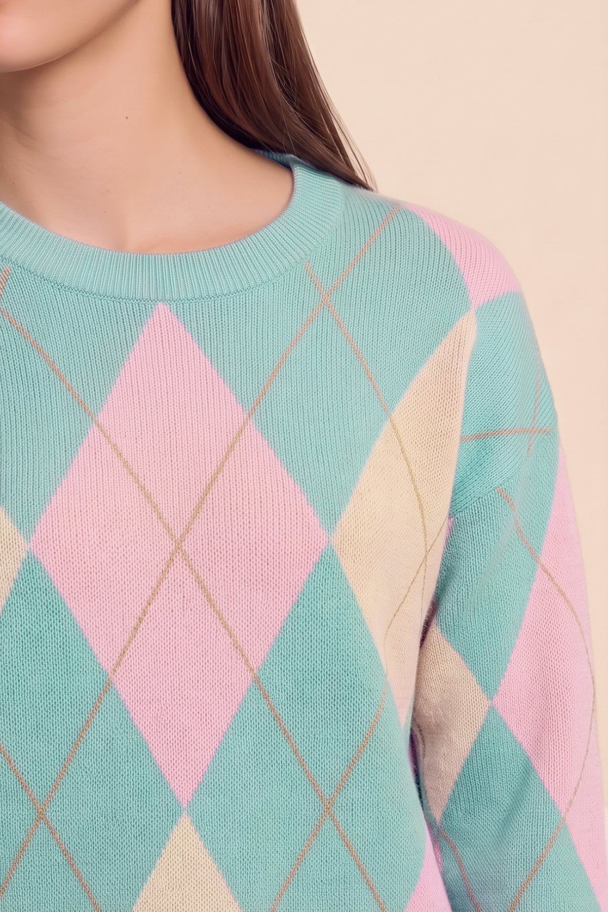 Womens Green Crew Neck Argyle Sweater | CicyBell