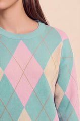 Womens Green Crew Neck Argyle Sweater | CicyBell