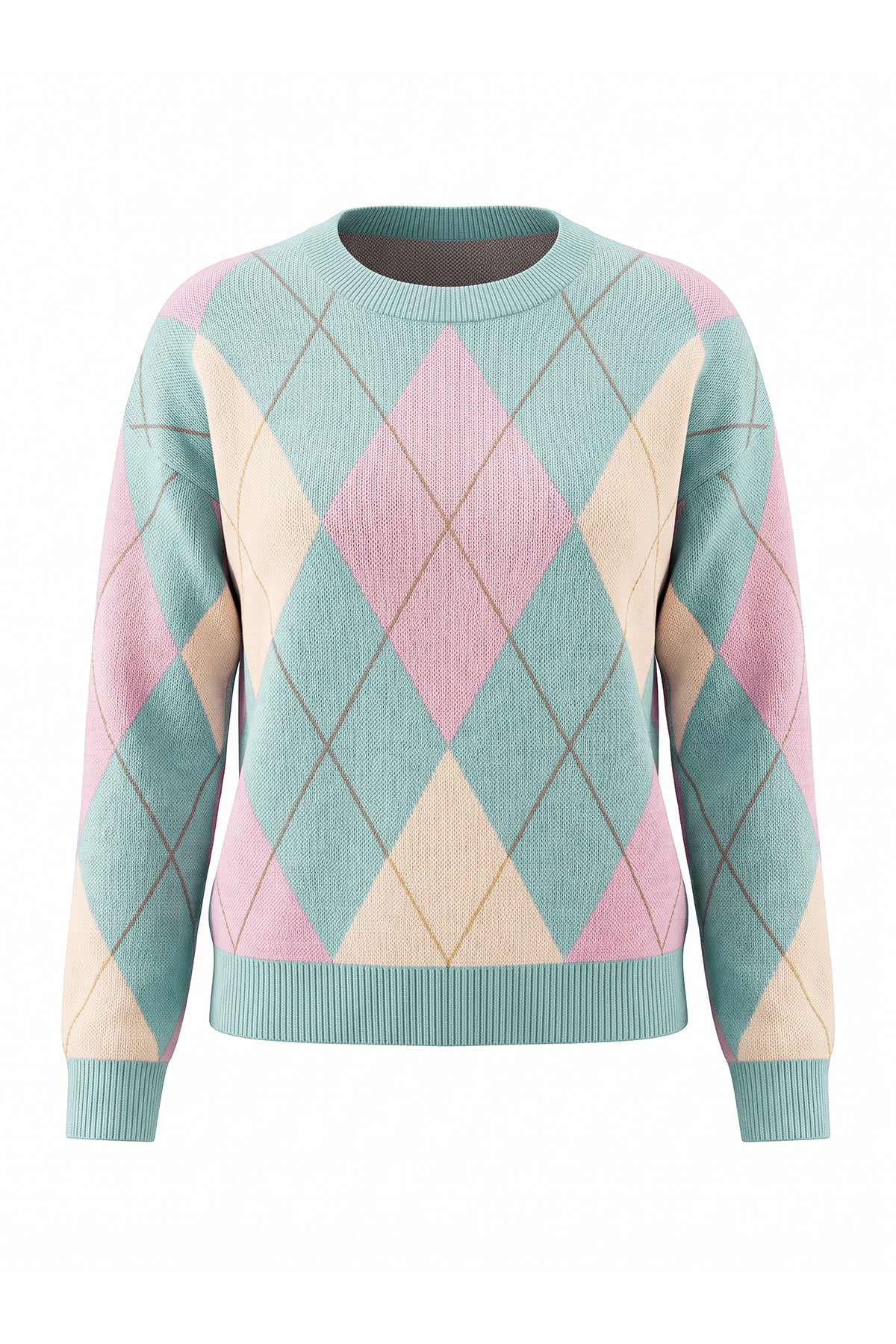 Womens Green Crew Neck Argyle Sweater | CicyBell