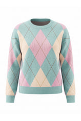 Womens Green Crew Neck Argyle Sweater | CicyBell