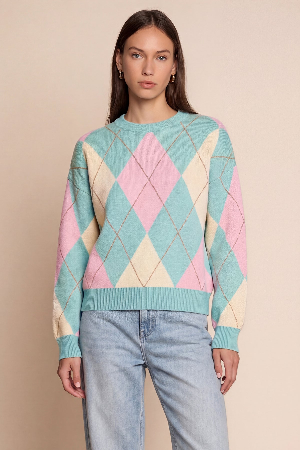 Womens Green Crew Neck Argyle Sweater | CicyBell