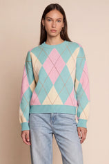 Womens Green Crew Neck Argyle Sweater | CicyBell