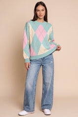 Womens Green Crew Neck Argyle Sweater | CicyBell