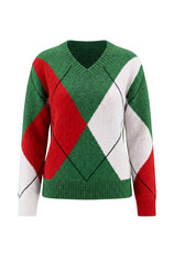 Womens Green V Neck Argyle Sweaters | CicyBell