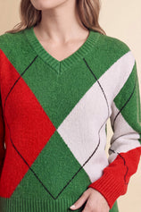Womens Green V Neck Argyle Sweaters | CicyBell