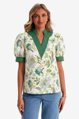 Womens Green Print Puff Short Sleeve Blouses  | CicyBell