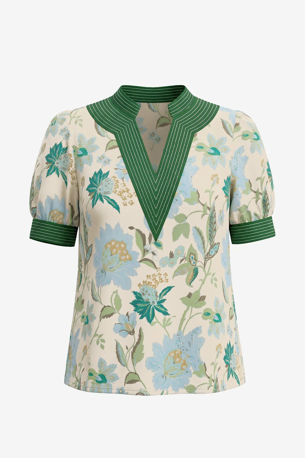 Womens Green Print Puff Short Sleeve Blouses  | CicyBell