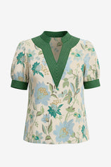 Womens Green Print Puff Short Sleeve Blouses  | CicyBell