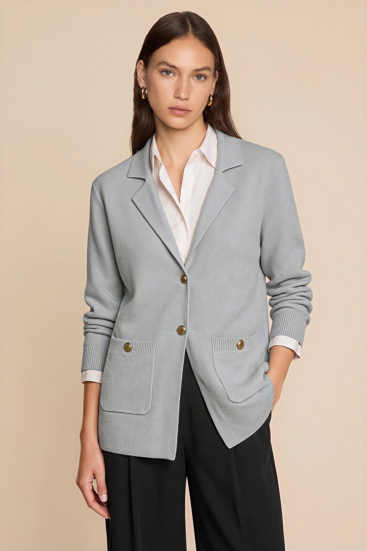 Womens Grey Long Sleeve Sweater Blazer | CicyBell