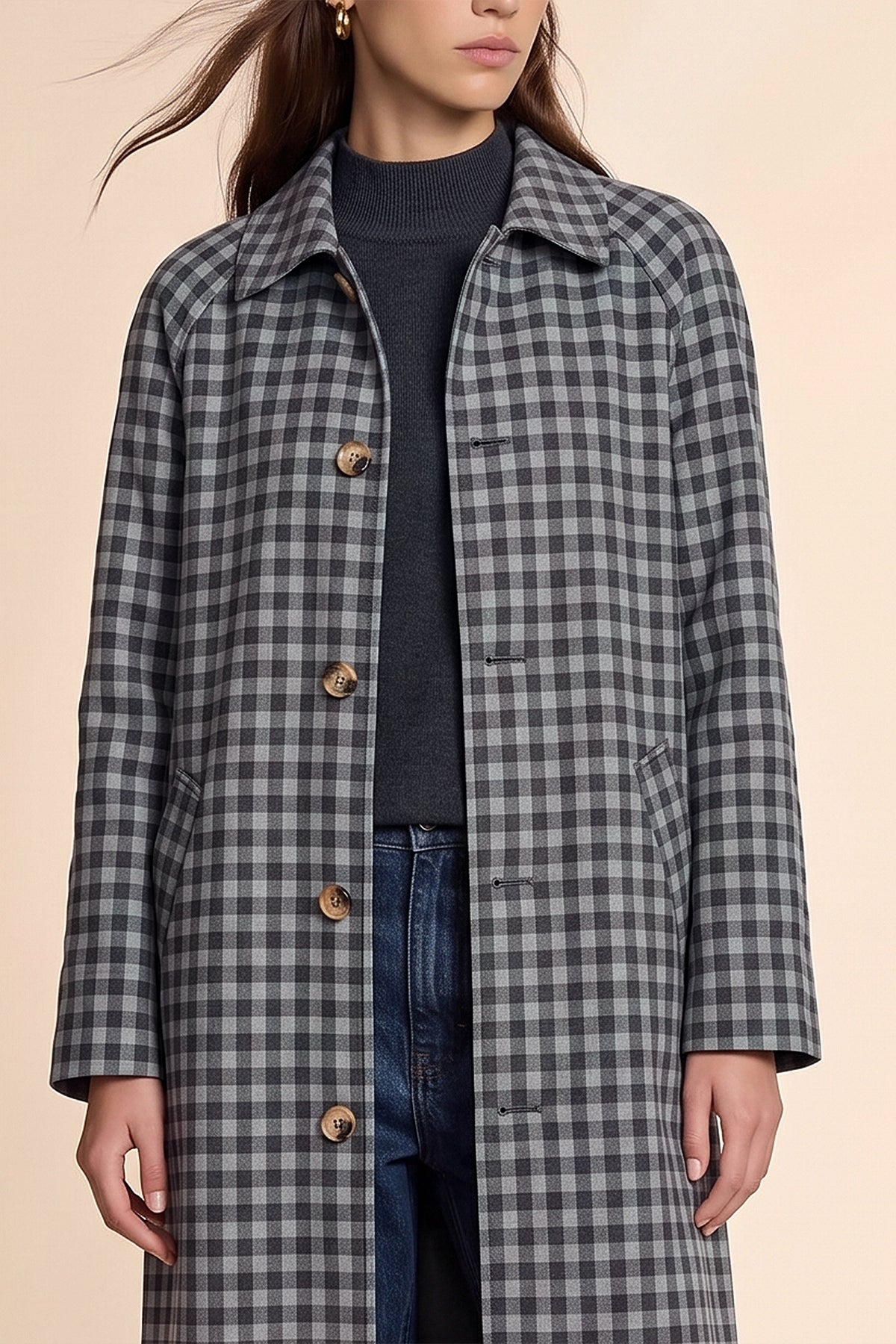 Womens Grey Plaid Trench Long Coat | CicyBell