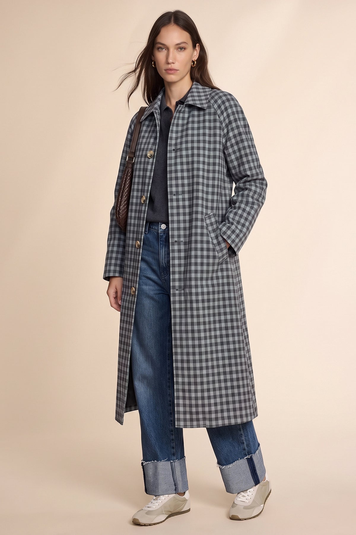 Womens Grey Plaid Trench Long Coat | CicyBell