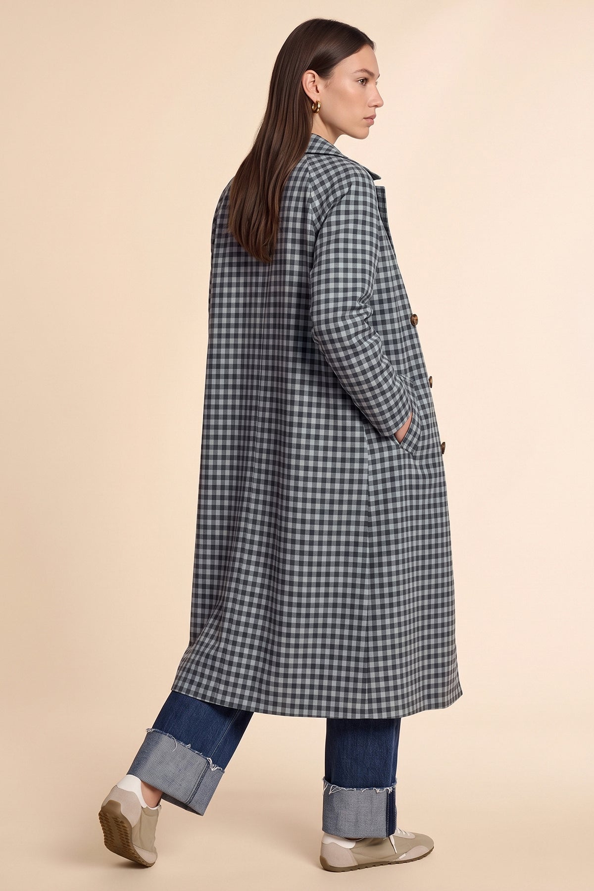 Womens Grey Plaid Trench Long Coat | CicyBell