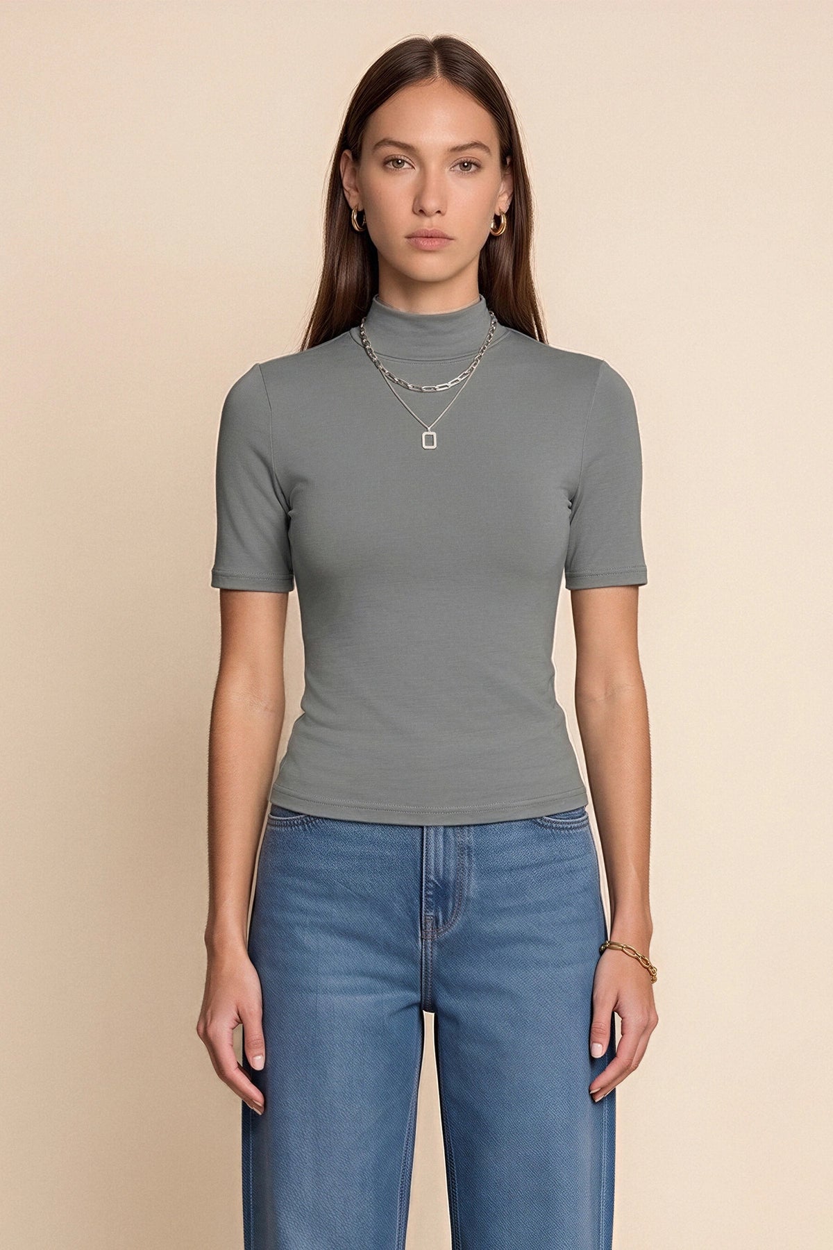 Womens Grey Mock Turtleneck Tops | CicyBell