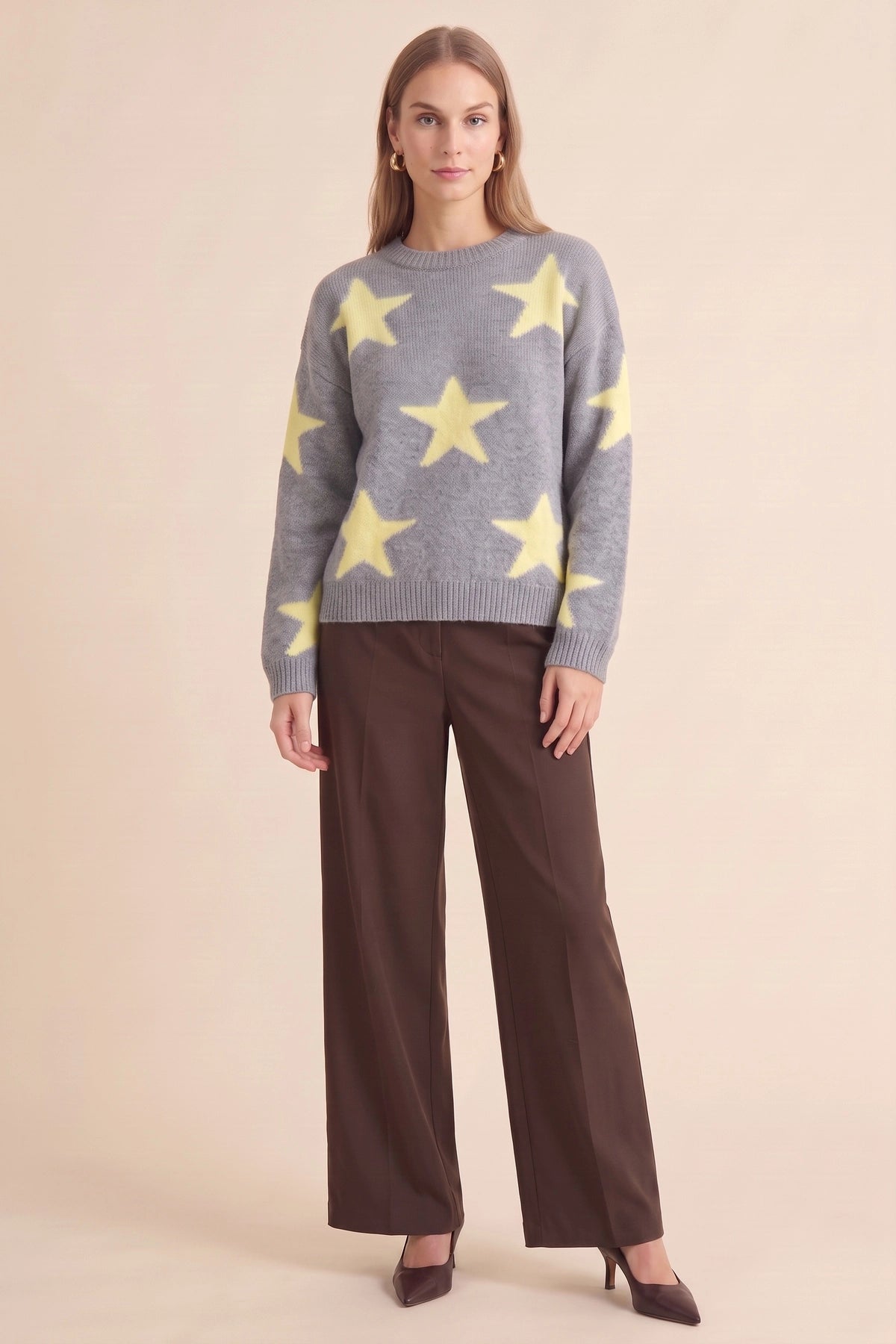 Womens Grey Star Pattern Pullover Sweater | CicyBell