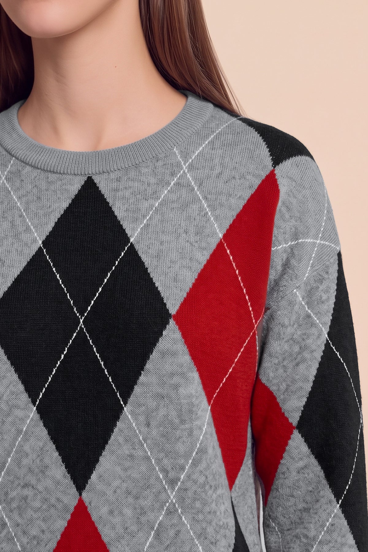 Womens Grey Crew Neck Argyle Sweater | CicyBell