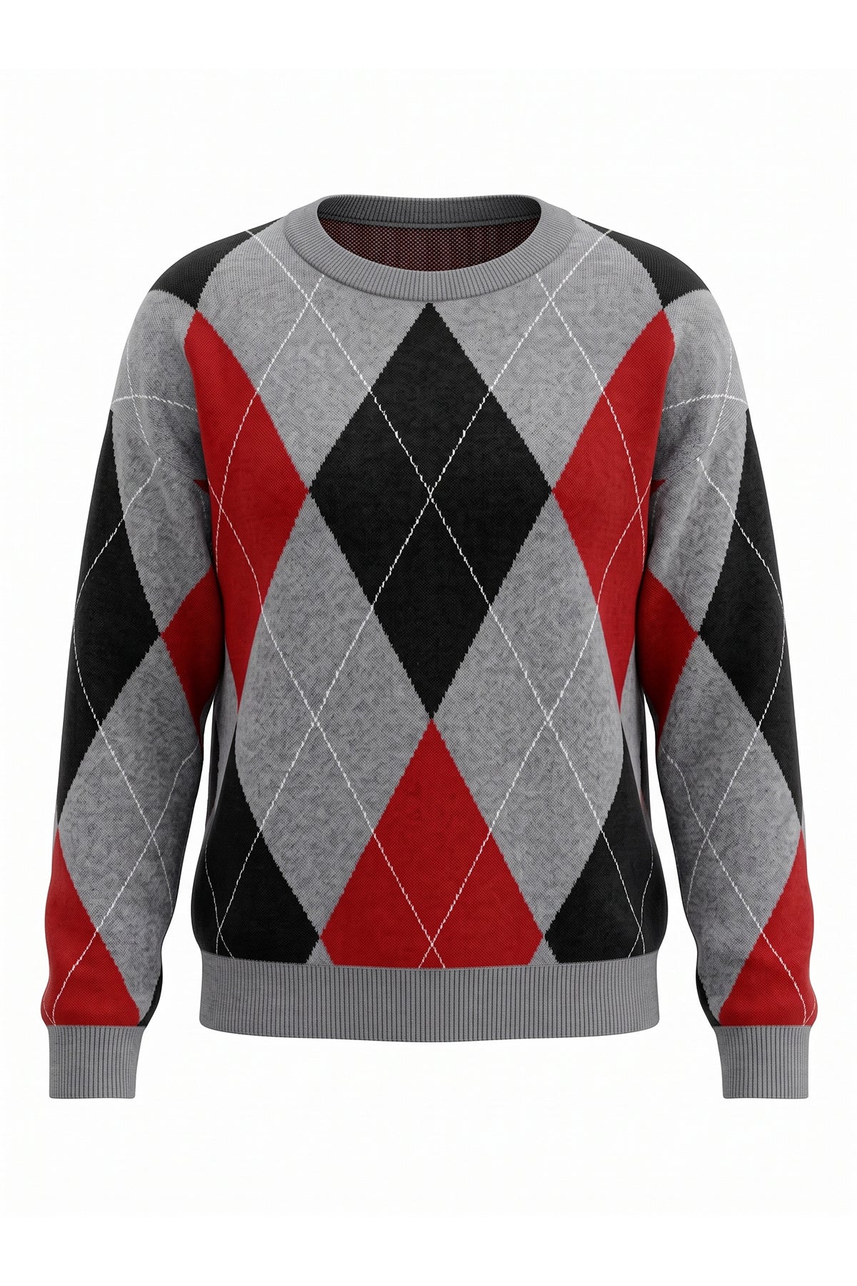 Womens Grey Crew Neck Argyle Sweater | CicyBell