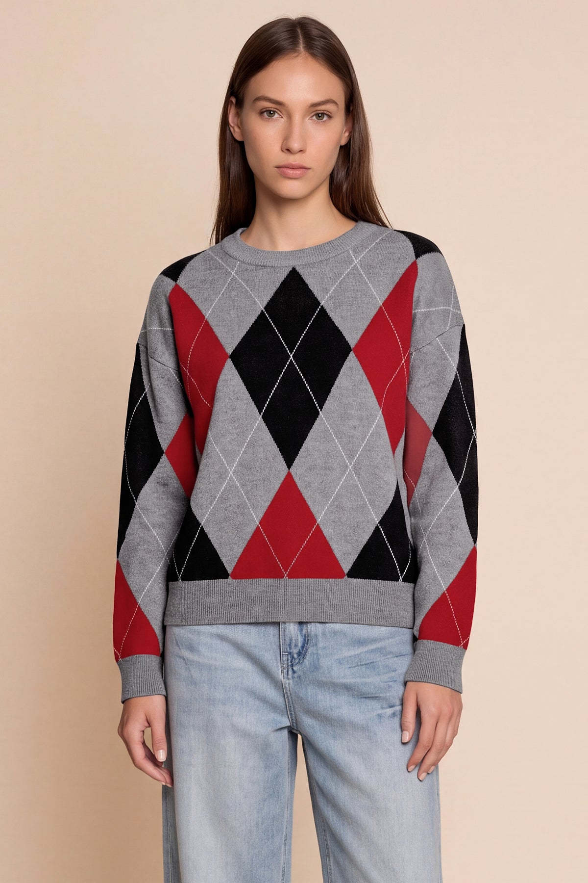 Womens Grey Crew Neck Argyle Sweater | CicyBell