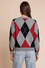 Womens Grey Crew Neck Argyle Sweater | CicyBell