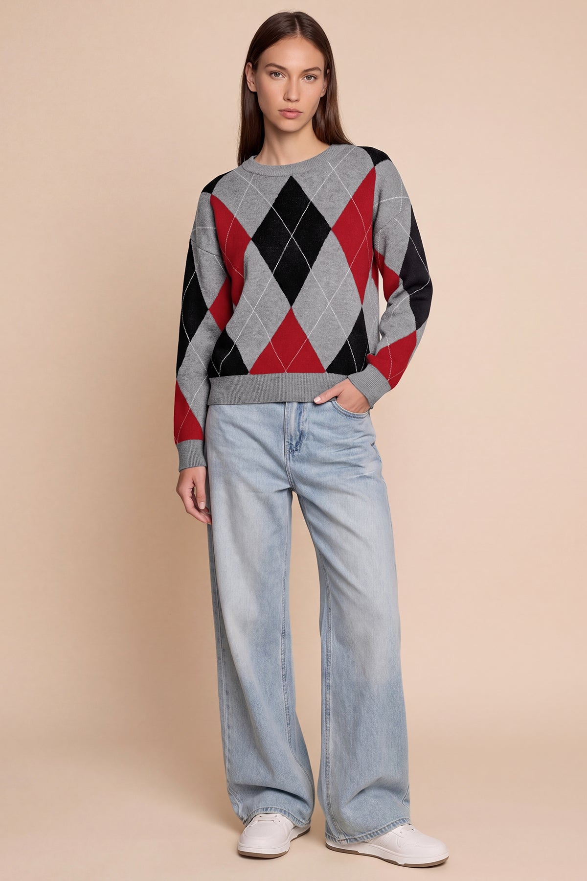 Womens Grey Crew Neck Argyle Sweater | CicyBell