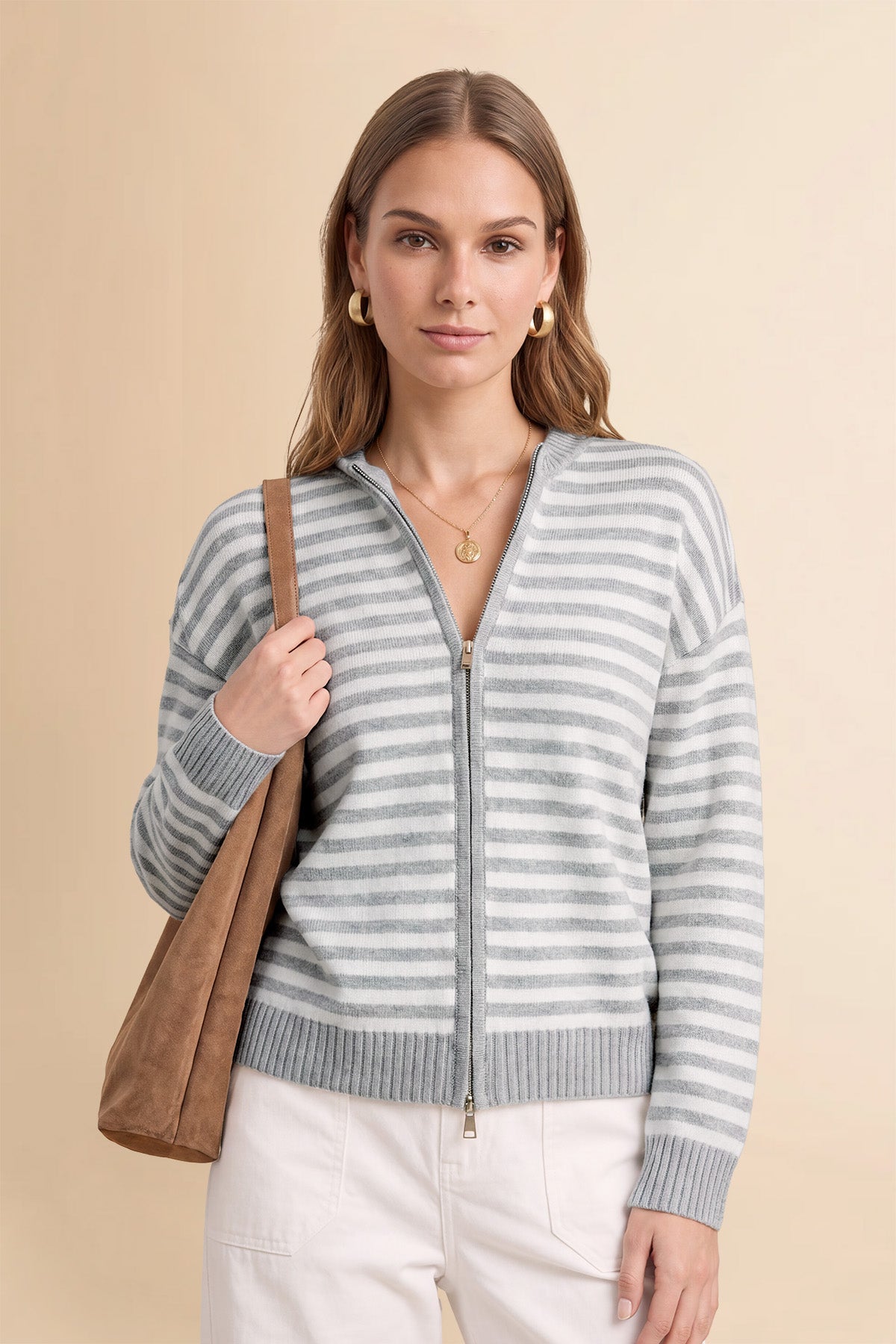 Womens Grey Striped Cardigan Sweaters | CicyBell