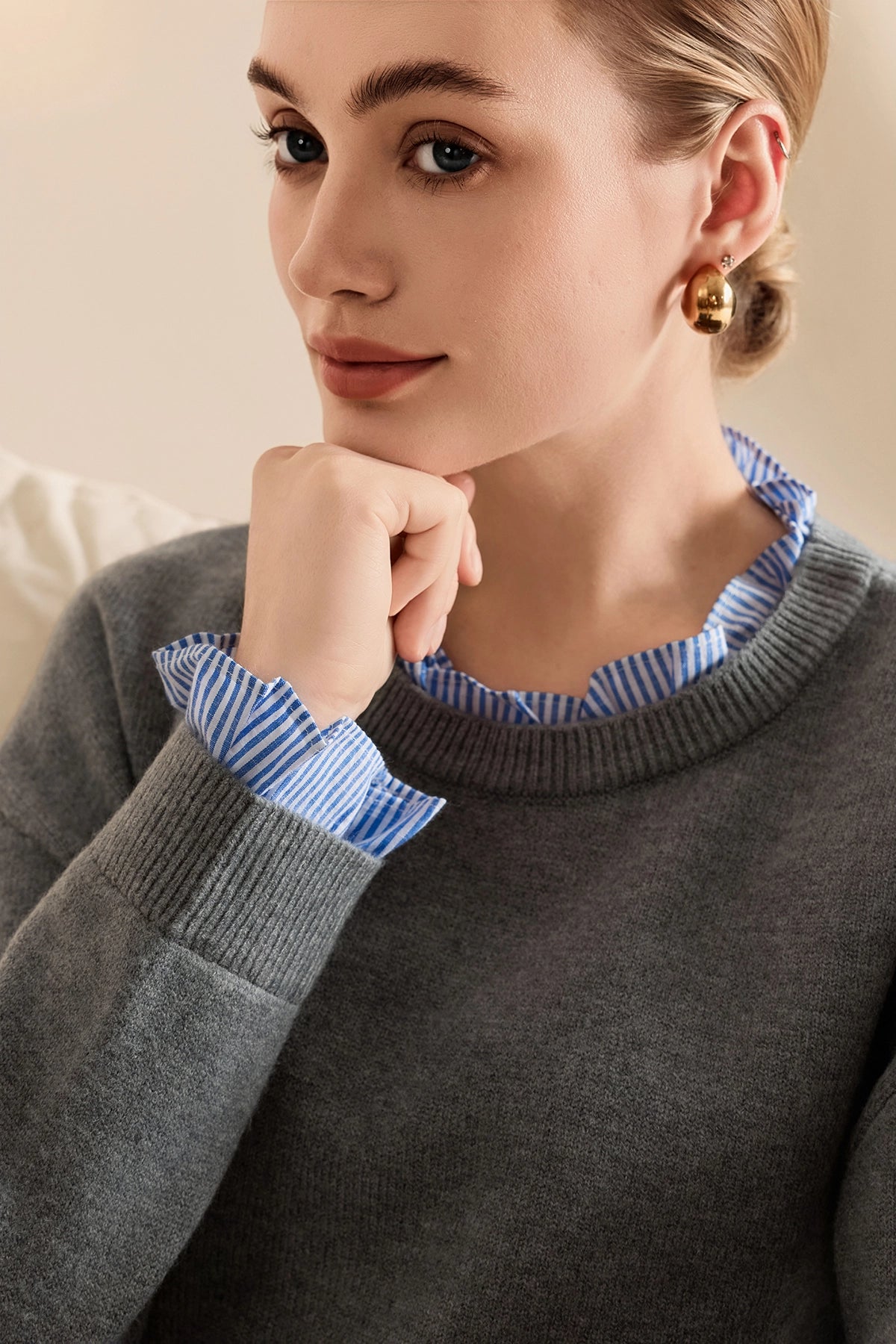 Womens Grey Ruffle Long Sleeve Sweater| CicyBell