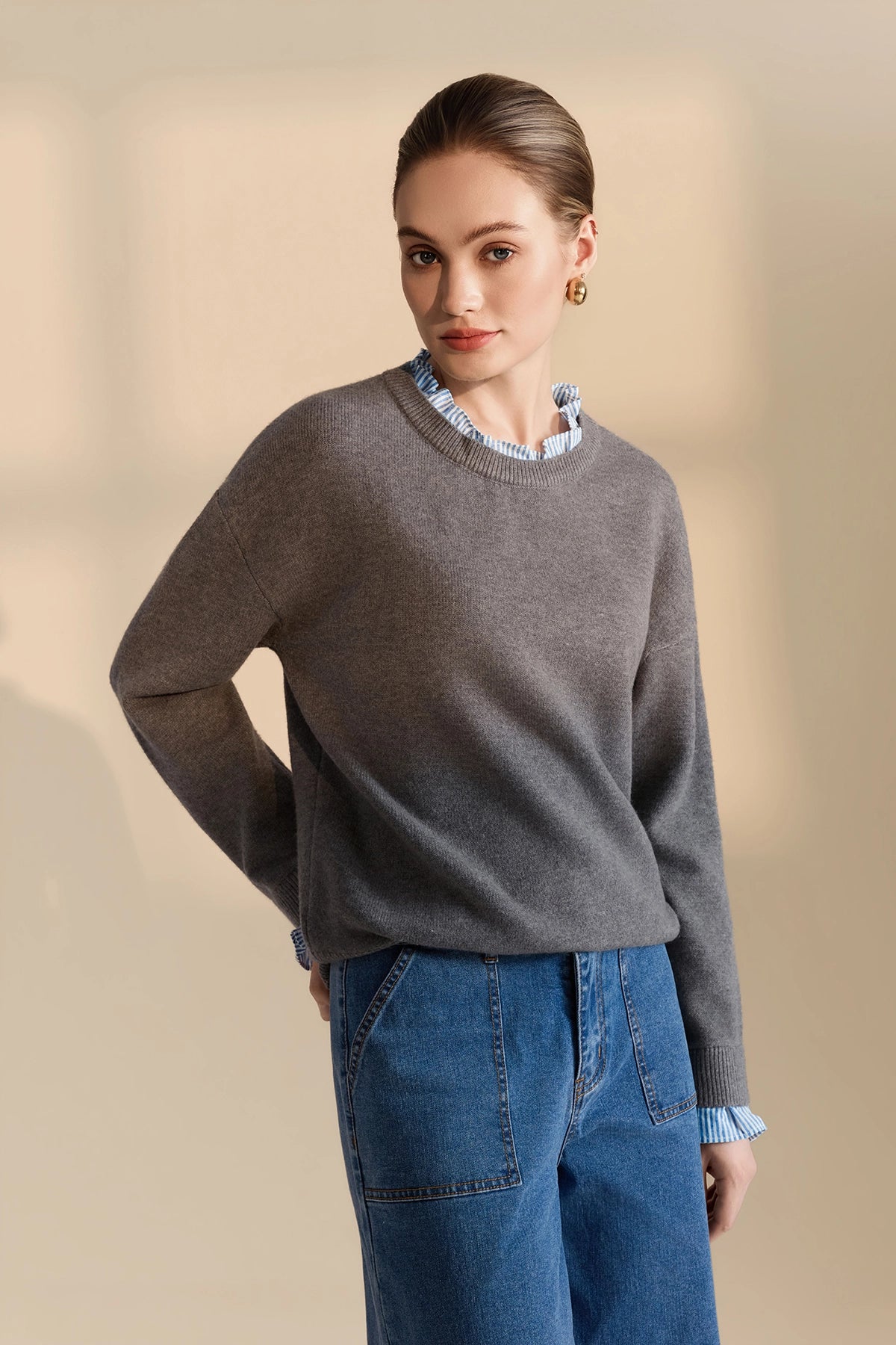 Womens Grey Ruffle Long Sleeve Sweater| CicyBell