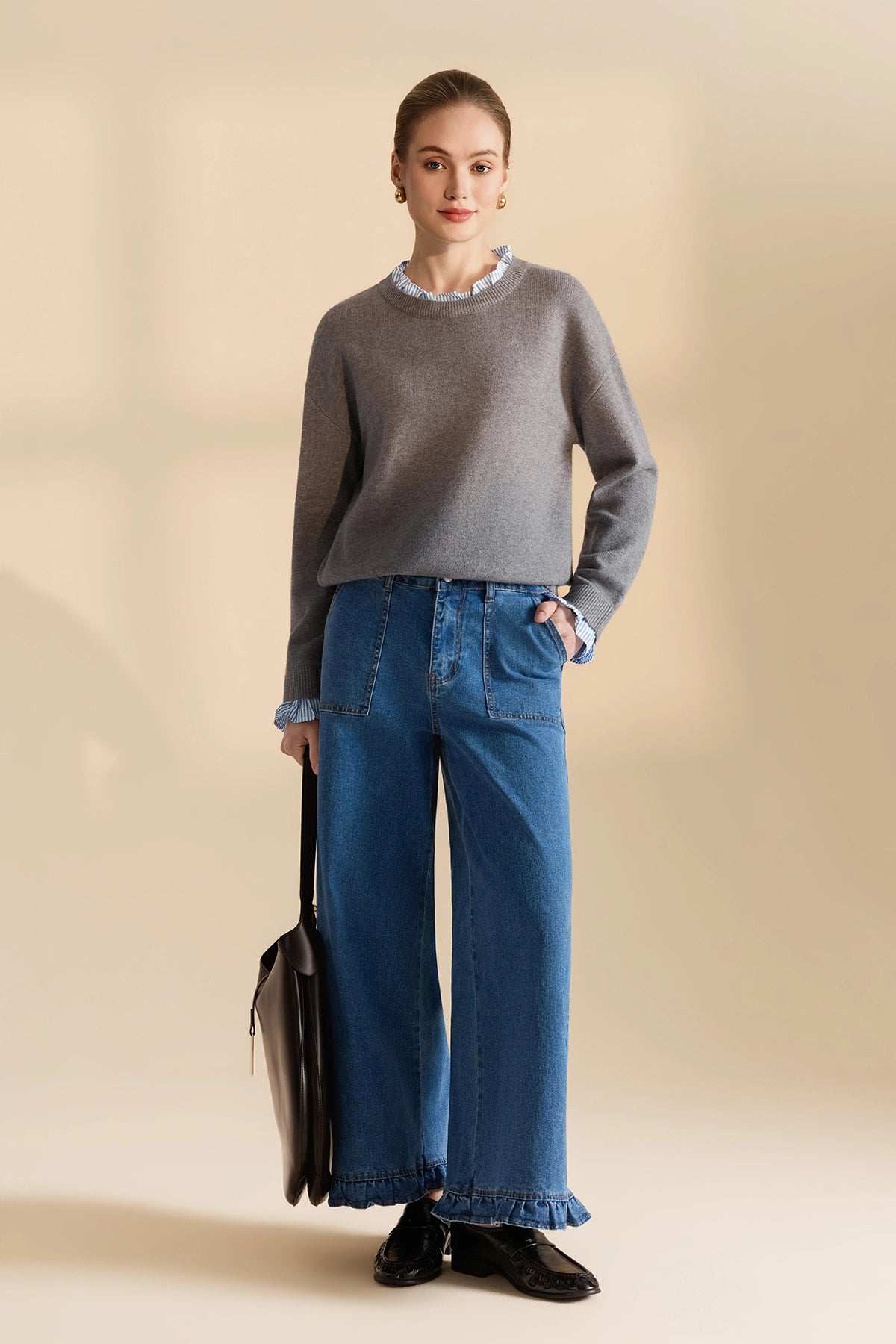 Womens Grey Ruffle Long Sleeve Sweater| CicyBell