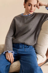 Womens Grey Ruffle Long Sleeve Sweater| CicyBell
