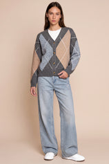 Women Grey Plaid Color Block Cardigan | CicyBell