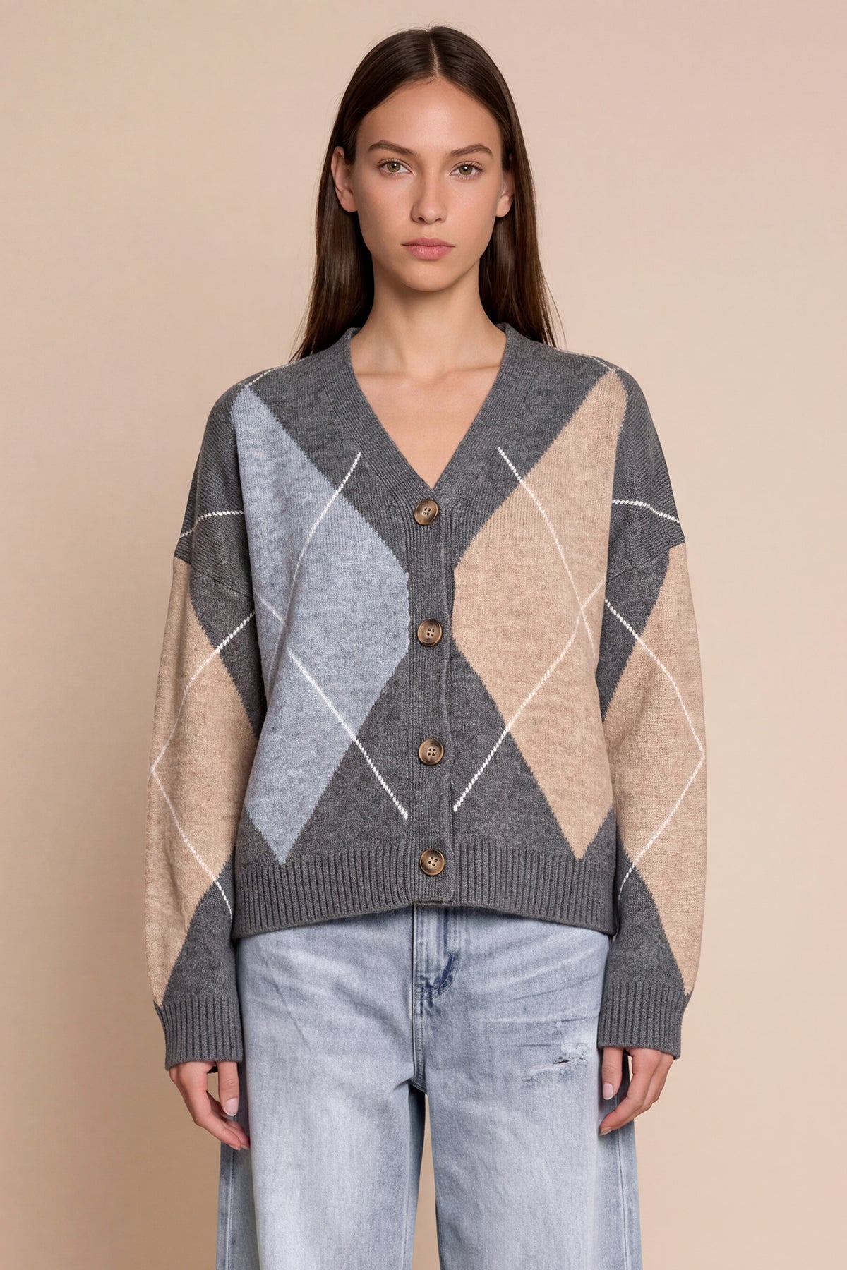 Women Grey Plaid Color Block Cardigan | CicyBell