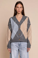 Women Grey Plaid Color Block Cardigan | CicyBell