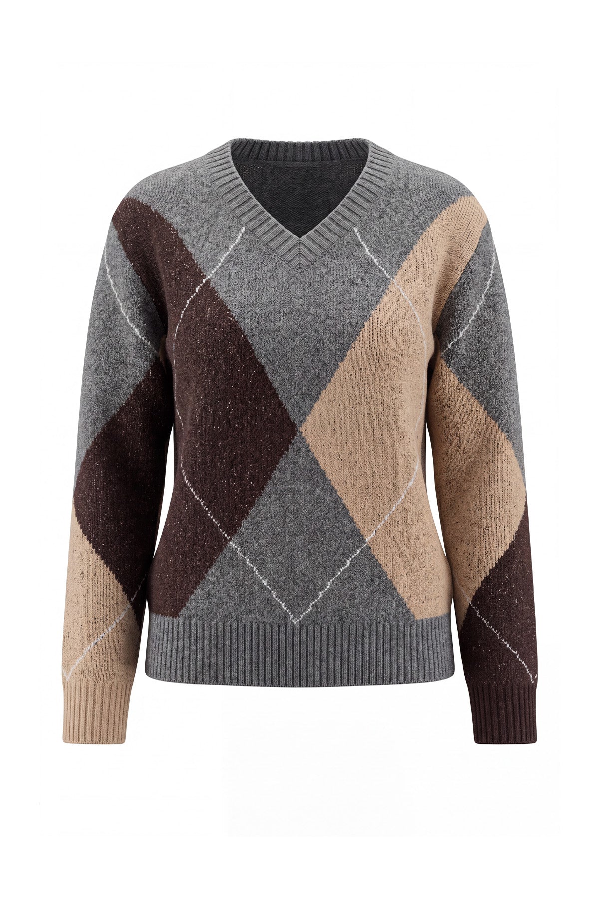 Womens Grey V Neck Argyle Sweaters | CicyBell