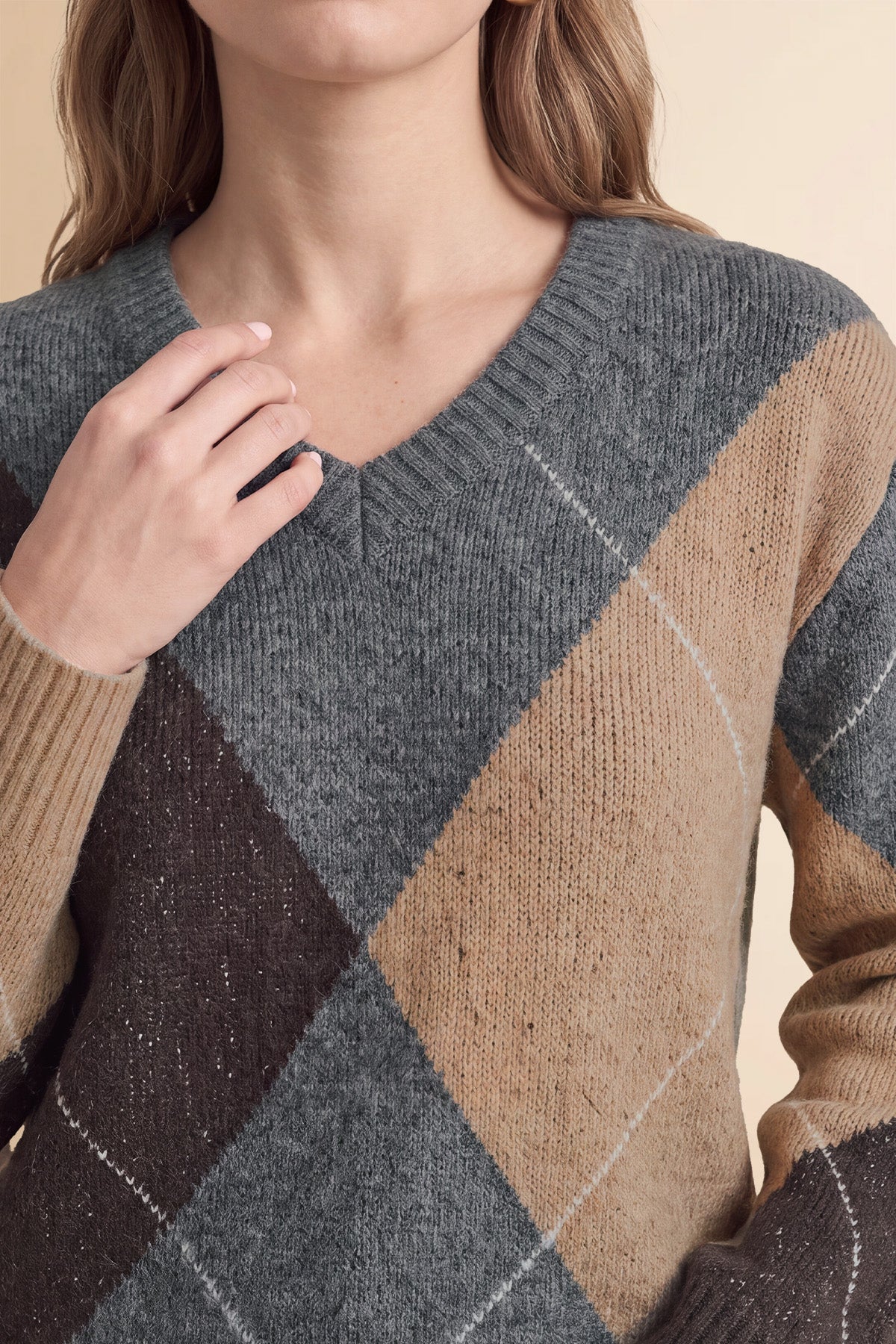 Womens Grey V Neck Argyle Sweaters | CicyBell