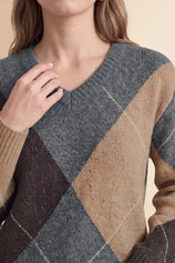Womens Grey V Neck Argyle Sweaters | CicyBell