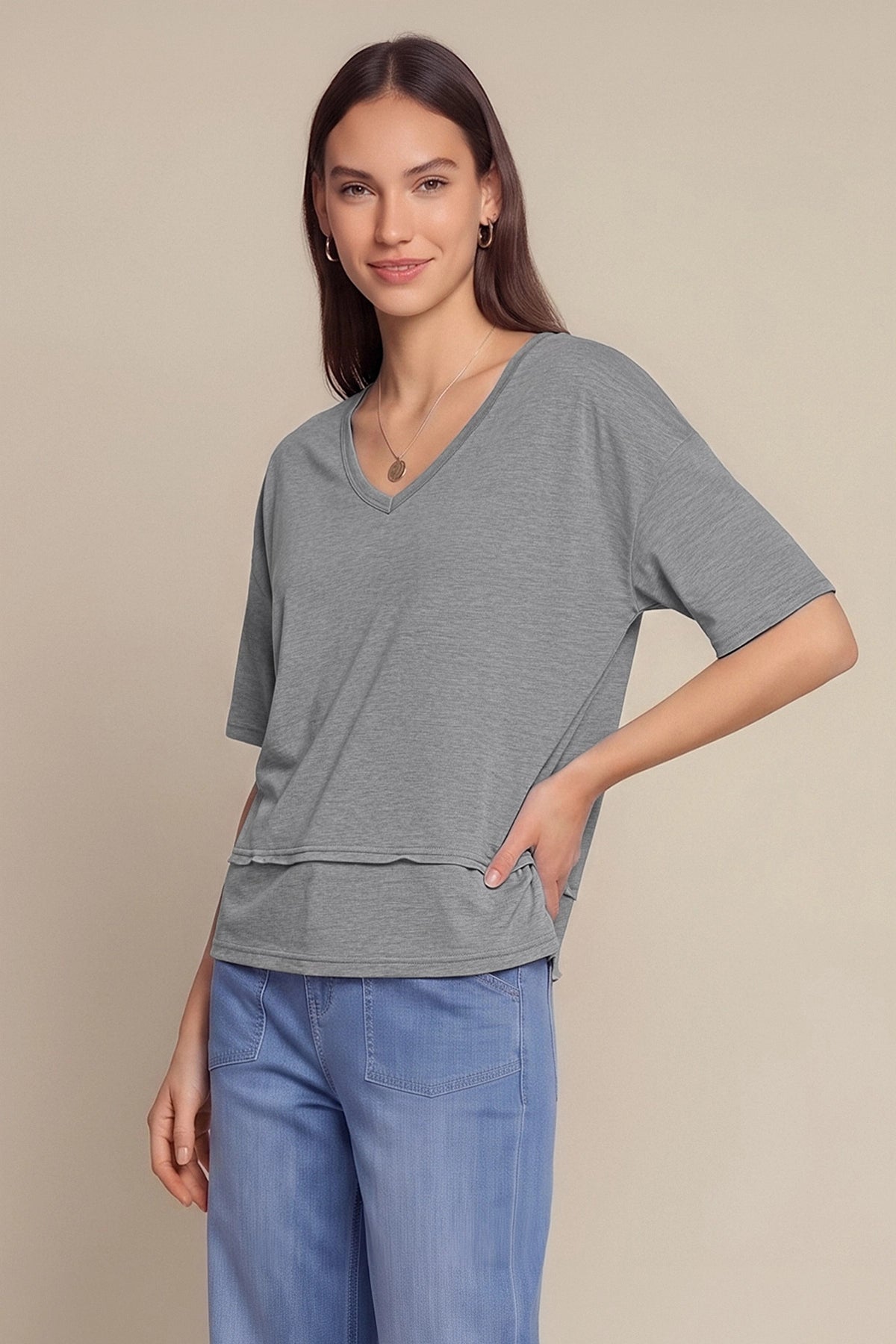 Womens Grey Summer V Neck T Shirts | CicyBell