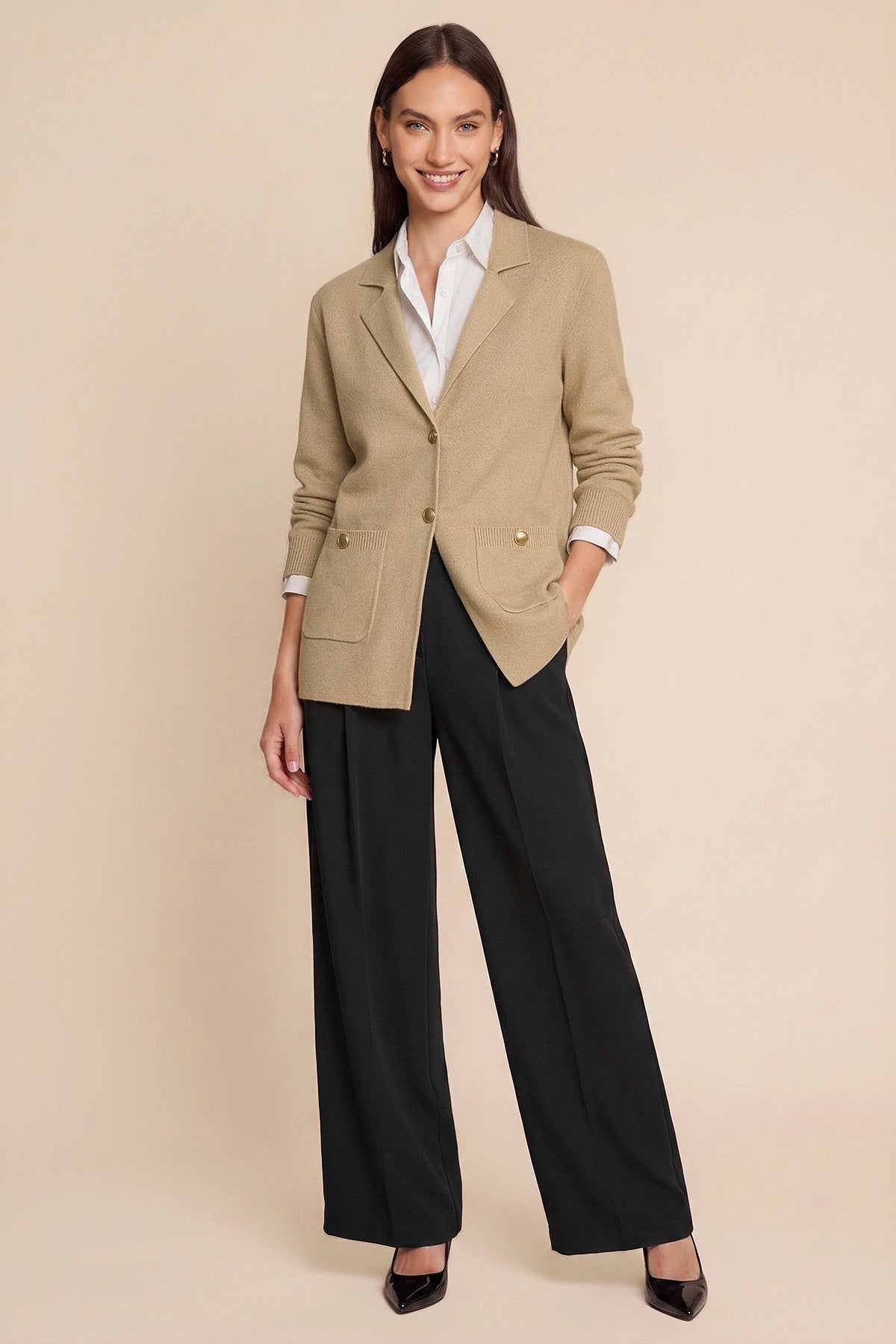 Womens Khaki Long Sleeve Sweater Blazer | CicyBell