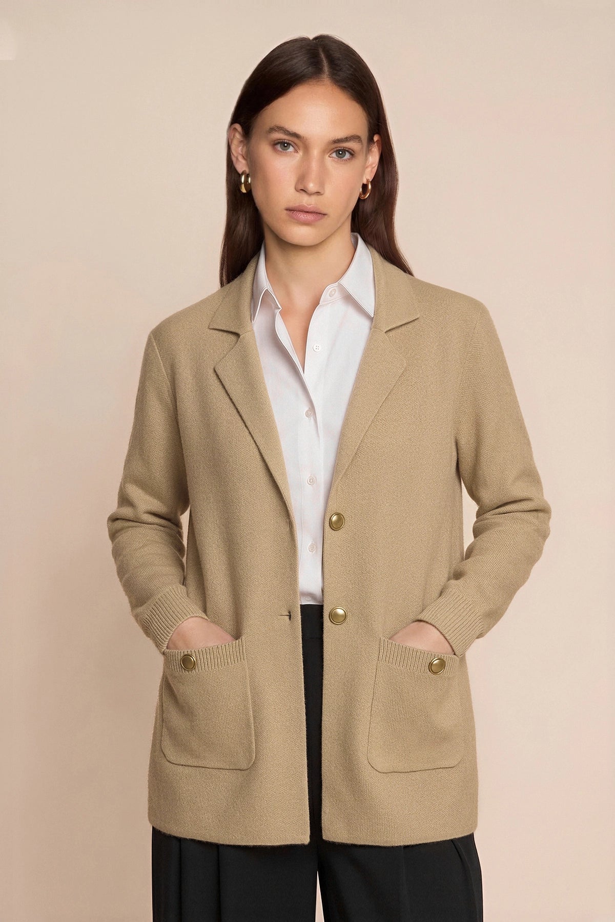 Womens Khaki Long Sleeve Sweater Blazer | CicyBell