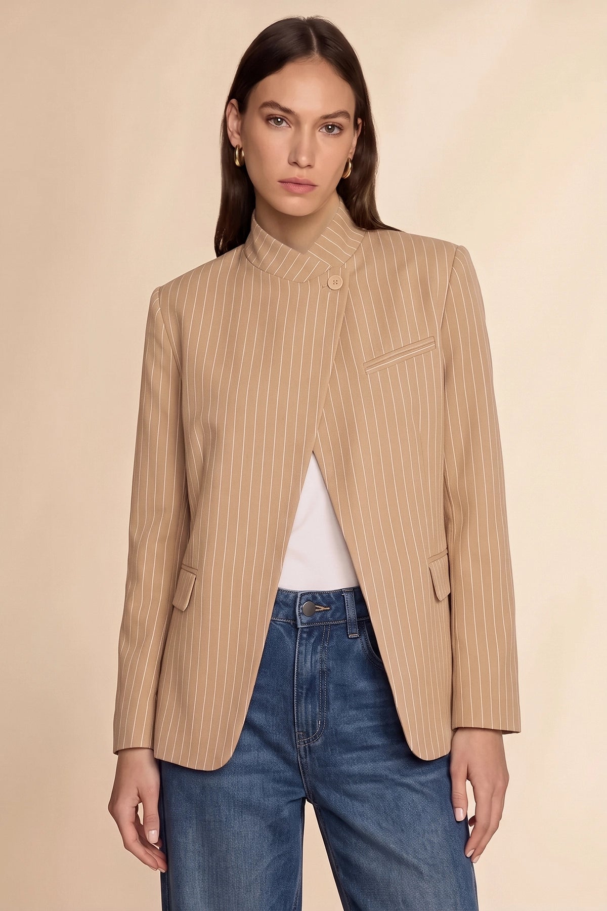 Womens Khaki Professional Striped Blazer | CicyBell