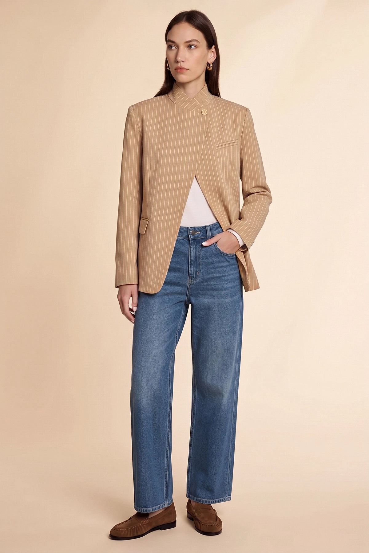 Womens Khaki Professional Striped Blazer | CicyBell