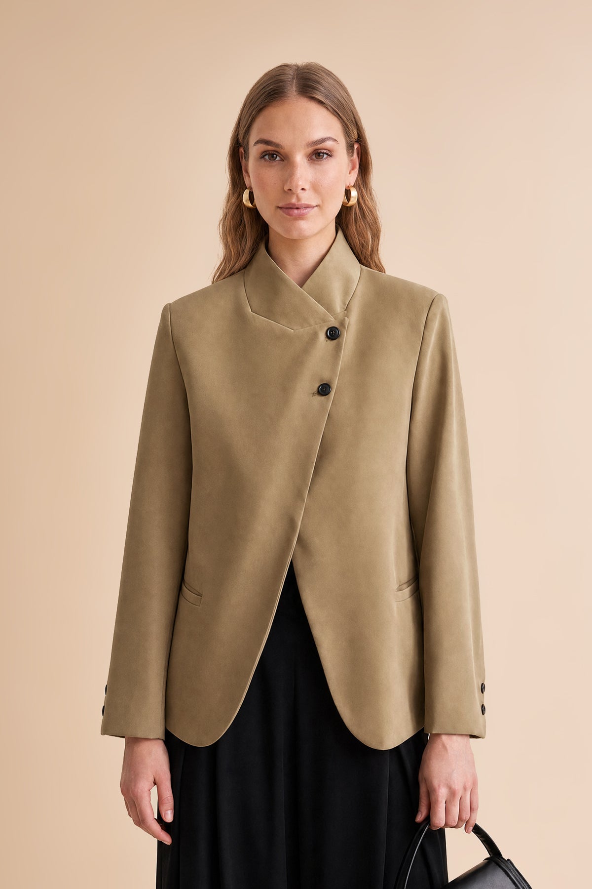 Womens Khaki Casual Stand Collar Blazer | CicyBell
