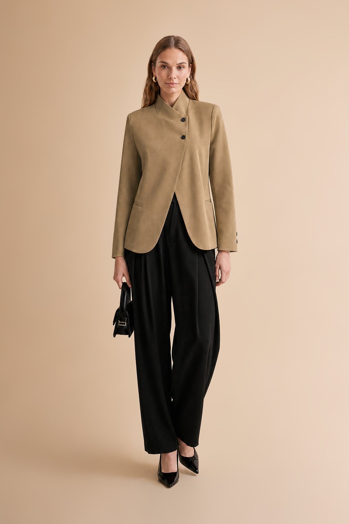 Womens Khaki Casual Stand Collar Blazer | CicyBell