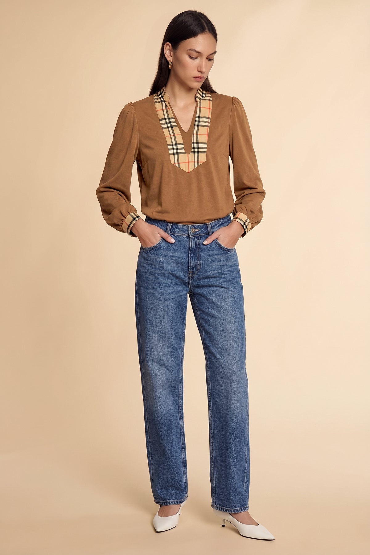 Womens Khaki Puff Long Sleeve Blouse | CicyBell