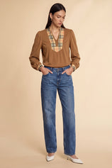 Womens Khaki Puff Long Sleeve Blouse | CicyBell
