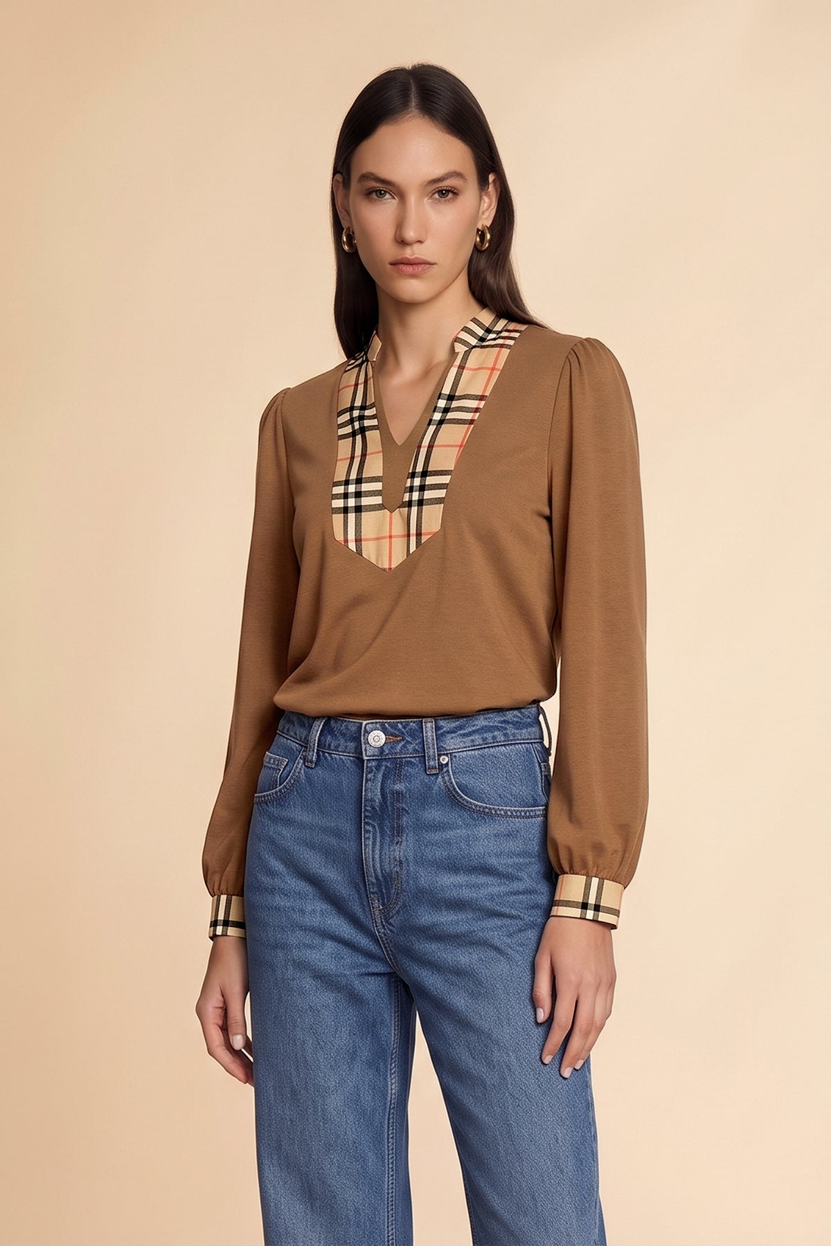 Womens Khaki Puff Long Sleeve Blouse | CicyBell