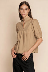 Womens Khaki Puff Sleeve V Neck Blouse | CicyBell