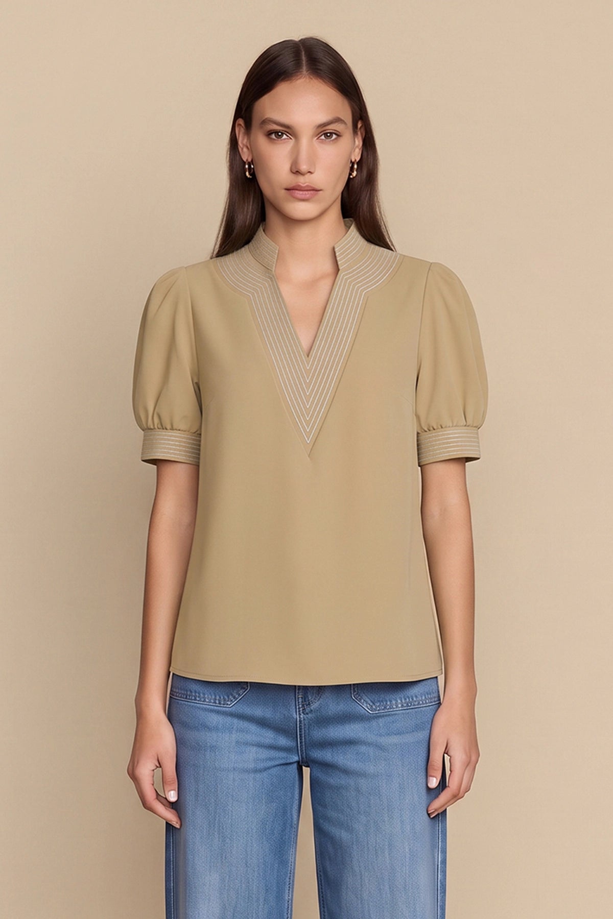 Womens Khaki Puff Short Sleeve Blouses | CicyBell
